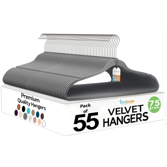 Techzoo Premium Gray Velvet Hangers 55 Pack - Space Saving Felt Hanger, Non Slip Clothes Hangers for Closet, Heavy Duty Coat Hanger with 360° Rotatable Hook, Hold Up to 10 lbs
