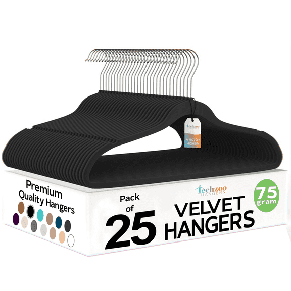 Techzoo Premium Black Velvet Hangers 25 Pack - Space Saving Felt Hanger, Non Slip Clothes Hangers for Closet, Heavy Duty Hanger for Coats, Shirts & Pants, 360° Swivel Hook, Hold Up to 10 lbs