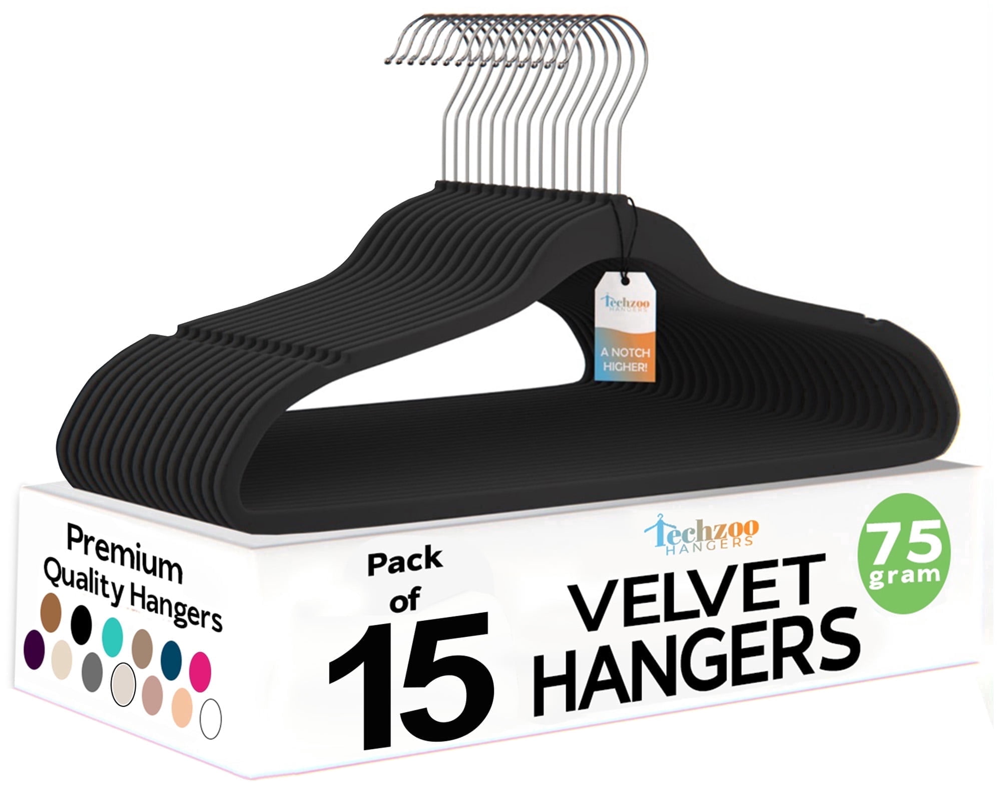 Techzoo Premium Black Velvet Hangers 15 Pack - Space Saving Felt Hanger, Non Slip Clothes Hangers for Closet, Heavy Duty Hanger for Coats, Shirts & Pants, 360° Swivel Hook, Hold Up to 10 lbs