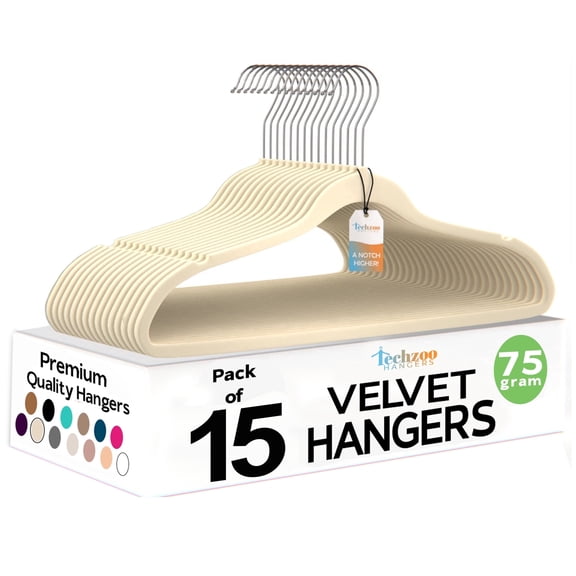 Techzoo Premium beige Velvet Hangers 15 Pack - Space Saving Felt Hanger, Non Slip Clothes Hangers for Closet, Heavy Duty Hanger for Coats, Shirts & Pants, 360° Swivel Hook, Hold Up to 10 lbs