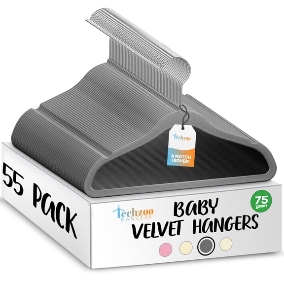 Techzoo Premium Baby Velvet Hangers 55 Pack – 11.8" Non Slip Felt Cloth Hangers for Closet – Ultra Slim, Space Saving Baby Clothes Hangers with 360° Swivel Hook Infant Hangers – Gray