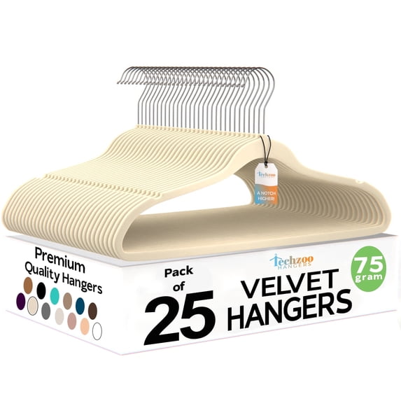 Techzoo Premium beige Velvet Hangers 25 Pack - Space Saving Felt Hanger, Non Slip Clothes Hangers for Closet, Heavy Duty Hanger for Coats, Shirts & Pants, 360° Swivel Hook, Hold Up to 10 lbs