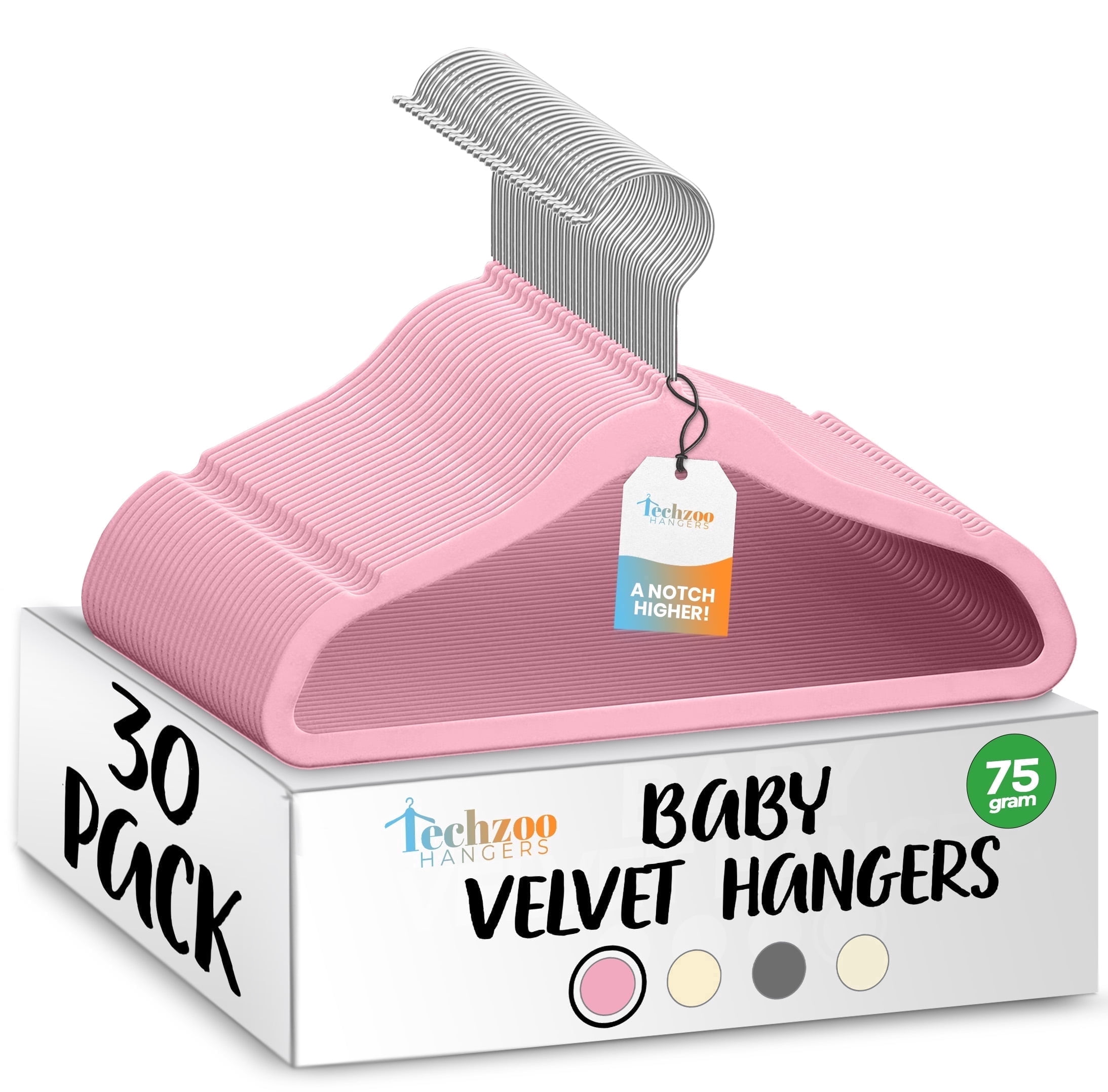 Techzoo Premium Baby Velvet Hangers 30 Pack – 11.8" Non Slip Felt Cloth Hangers for Closet – Ultra Slim, Space Saving Baby Clothes Hangers with 360° Swivel Hook Infant Hangers – Pink