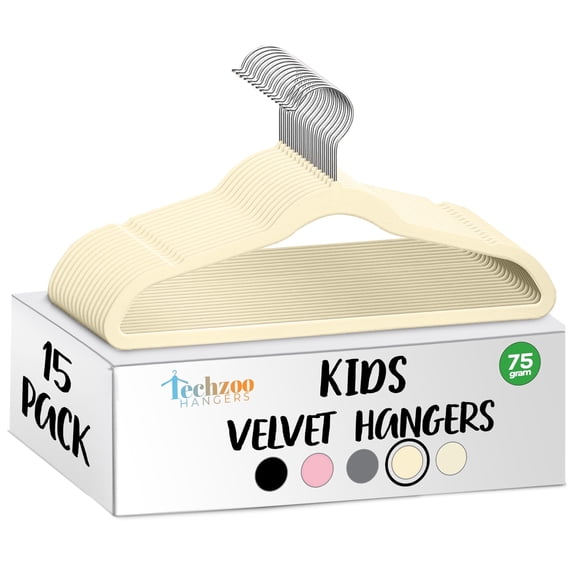 Techzoo Premium Kids Velvet Hangers 15 Pack – 14" Non Slip Felt Cloth Hangers for Closet – Ultra Slim, Space Saving Kids Clothes Hangers with 360° Swivel Hook, Toddler Children Kids Hangers – Beige