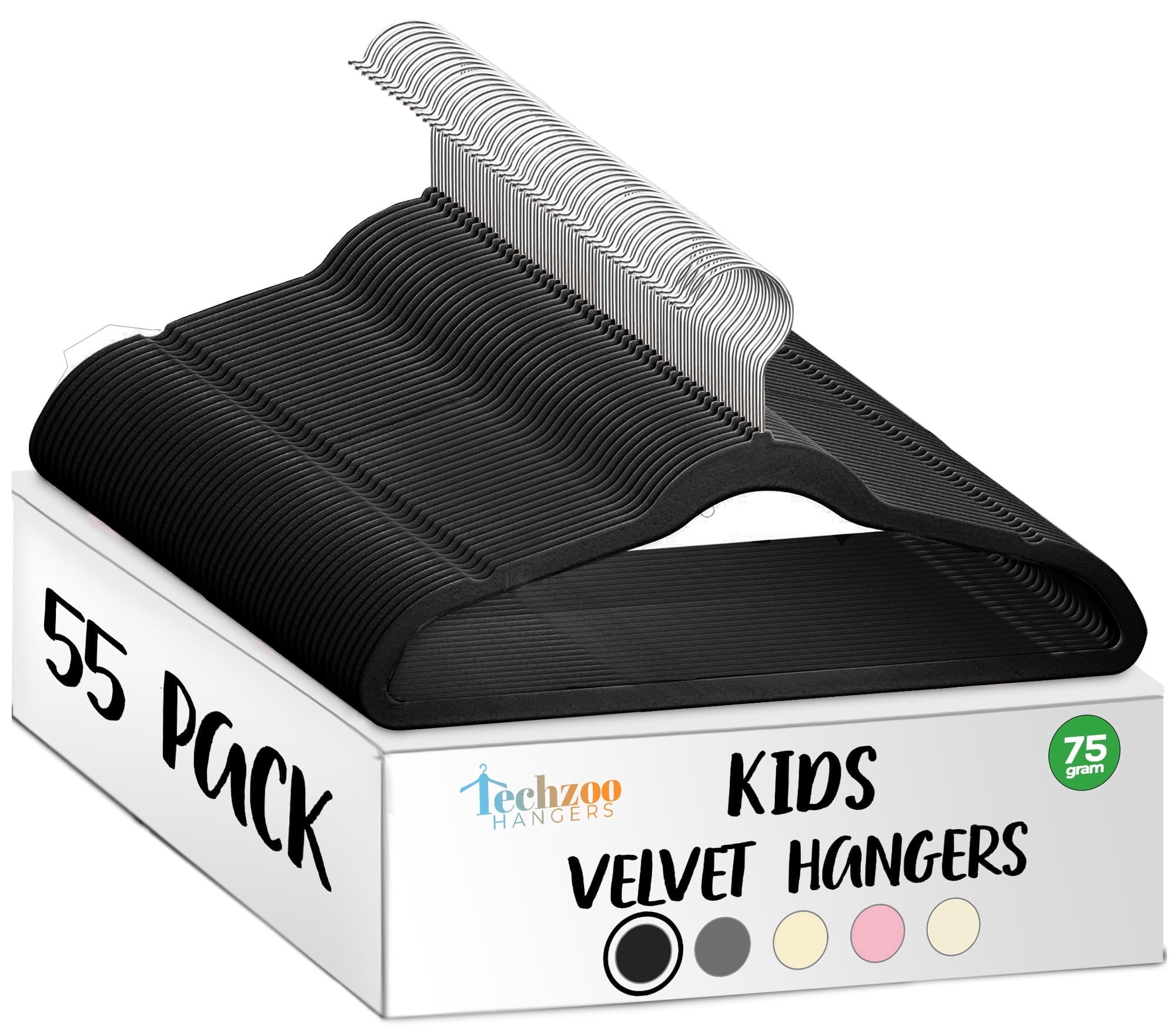 Techzoo Premium Kids Velvet Hangers 55 Pack – 14" Non Slip Felt Cloth Hangers for Closet – Ultra Slim, Space Saving Kids Clothes Hangers with 360° Swivel Hook, Toddler Children Kids Hangers – Black