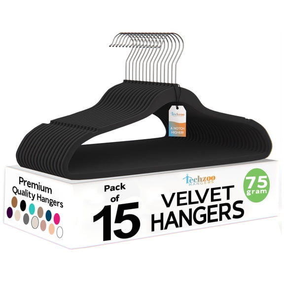 Techzoo Premium Black Velvet Hangers 15 Pack - Space Saving Felt Hanger, Non Slip Clothes Hangers for Closet, Heavy Duty Hanger for Coats, Shirts & Pants, 360° Swivel Hook, Hold Up to 10 lbs