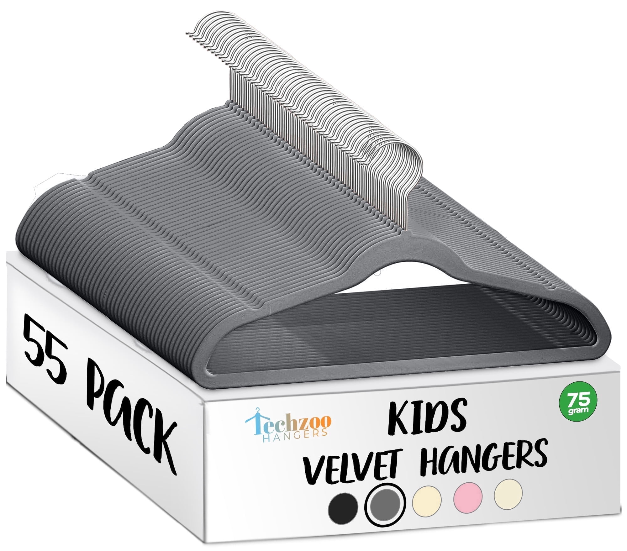 Techzoo Premium Kids Velvet Hangers 55 Pack – 14" Non Slip Felt Cloth Hangers for Closet – Ultra Slim, Space Saving Kids Clothes Hangers with 360° Swivel Hook, Toddler Children Kids Hangers – Gray