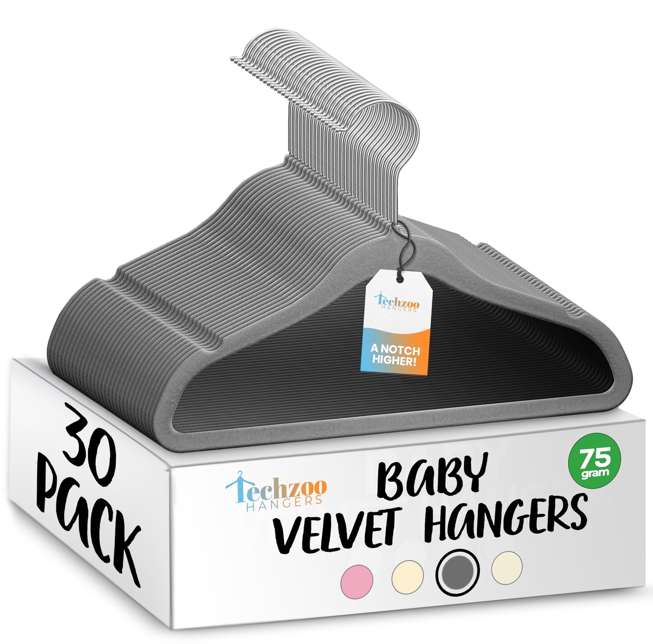 Techzoo Premium Baby Velvet Hangers 30 Pack – 11.8" Non Slip Felt Cloth Hangers for Closet – Ultra Slim, Space Saving Baby Clothes Hangers with 360° Swivel Hook Infant Hangers – Gray