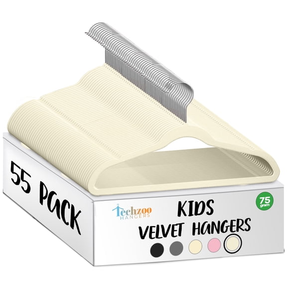 Techzoo Premium Kids Velvet Hangers 55 Pack – 14" Non Slip Felt Cloth Hangers for Closet – Ultra Slim, Space Saving Kids Clothes Hangers with 360° Swivel Hook, Toddler Children Kids Hangers – Ivory