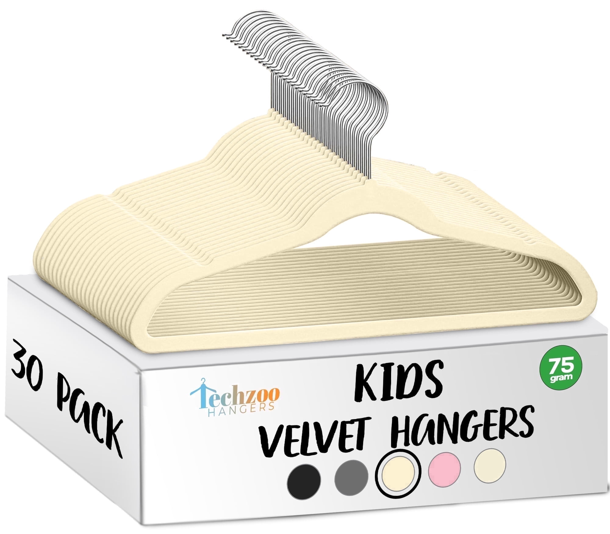 Techzoo Premium Kids Velvet Hangers 30 Pack – 14" Non Slip Felt Cloth Hangers for Closet – Ultra Slim, Space Saving Kids Clothes Hangers with 360° Swivel Hook, Toddler Children Kids Hangers – Beige