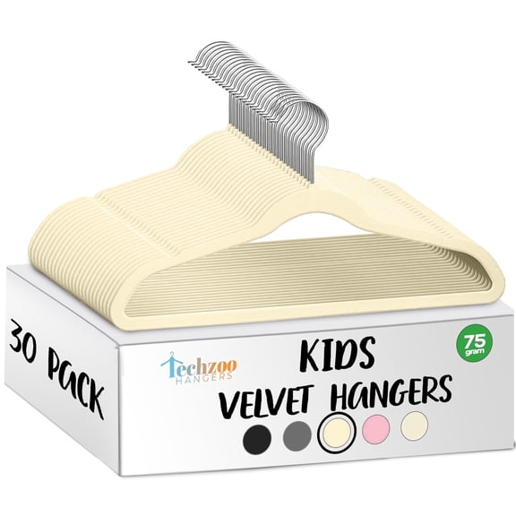 Techzoo Premium Kids Velvet Hangers 30 Pack – 14" Non Slip Felt Cloth Hangers for Closet – Ultra Slim, Space Saving Kids Clothes Hangers with 360° Swivel Hook, Toddler Children Kids Hangers – Beige