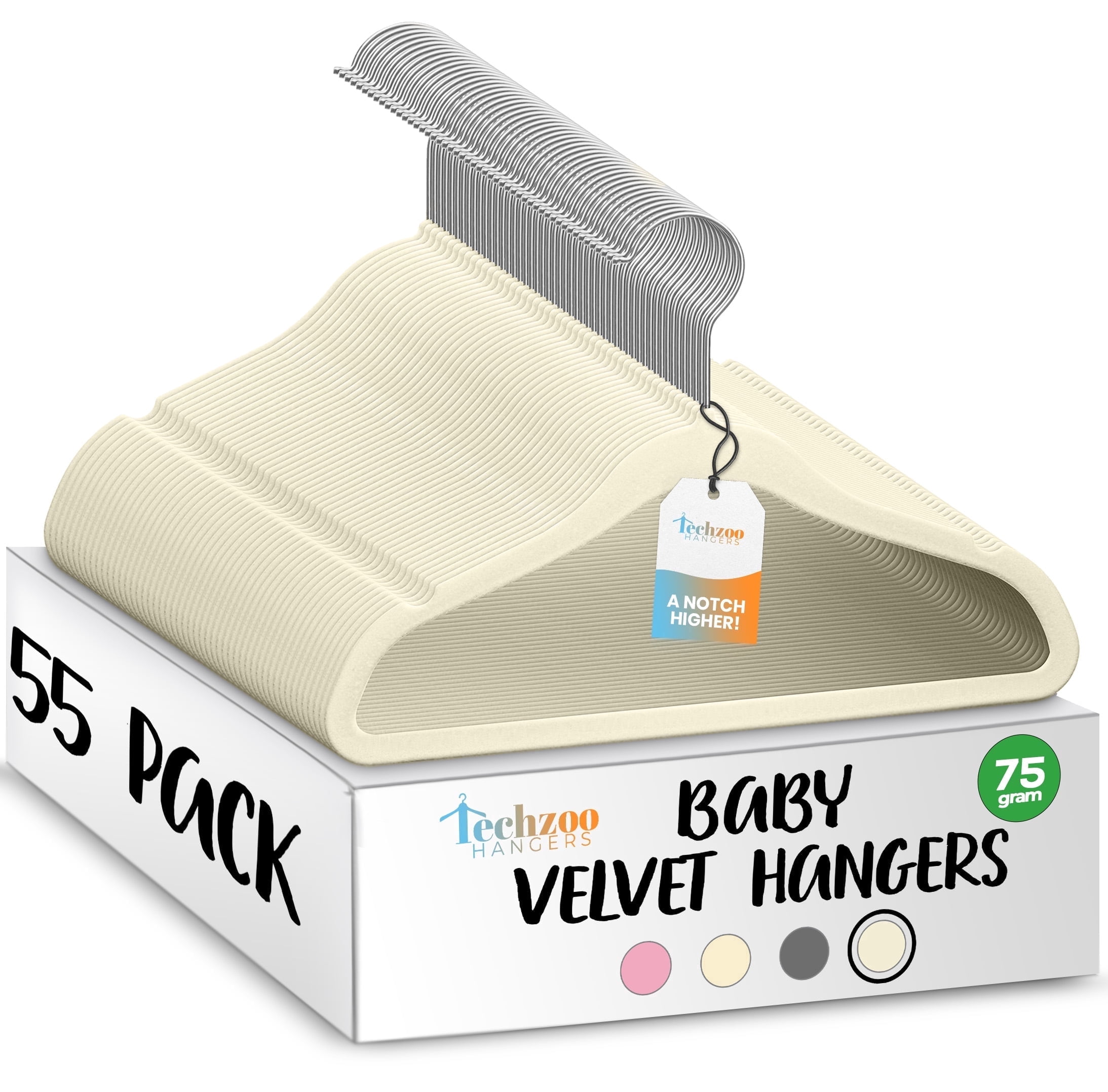 Techzoo Premium Baby Velvet Hangers 55 Pack – 11.8" Non Slip Felt Cloth Hangers for Closet – Ultra Slim, Space Saving Baby Clothes Hangers with 360° Swivel Hook Infant Hangers – Ivory