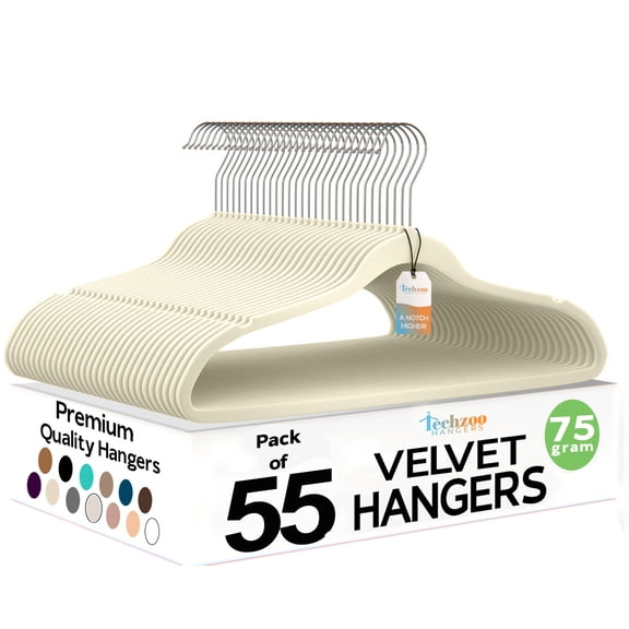 Techzoo Premium Ivory Velvet Hangers 55 Pack - Space Saving Felt Hanger, Non Slip Clothes Hangers for Closet, Heavy Duty Coat Hanger with 360° Rotatable Hook, Hold Up to 10 lbs