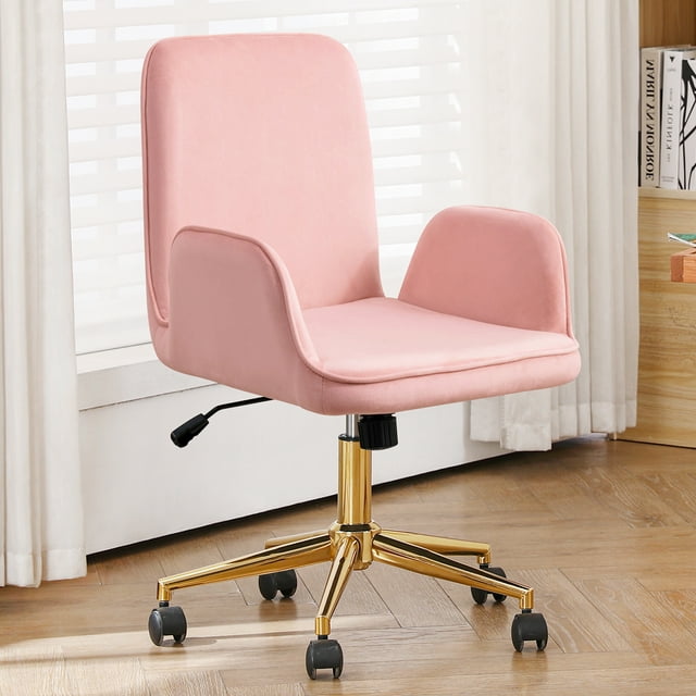 Pink Velvet Home Office Chair Upholstered Desk Chair Modern Ergonomic Computer Chair