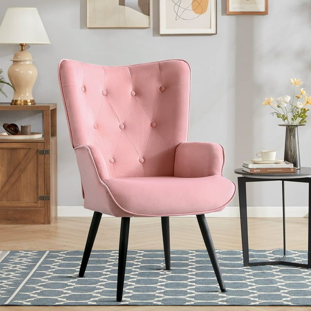 Pink Velvet Modern Accent Chair Tufted Button Wingback Reading Chair
