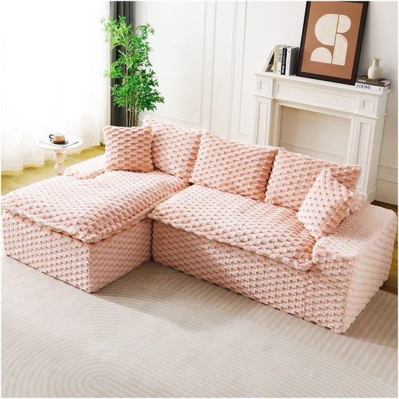 Pink Velvet Modular Sofa with Chaise, Convertible L-Shape Sleeper for Small Spaces, Face-to-Face Seating
