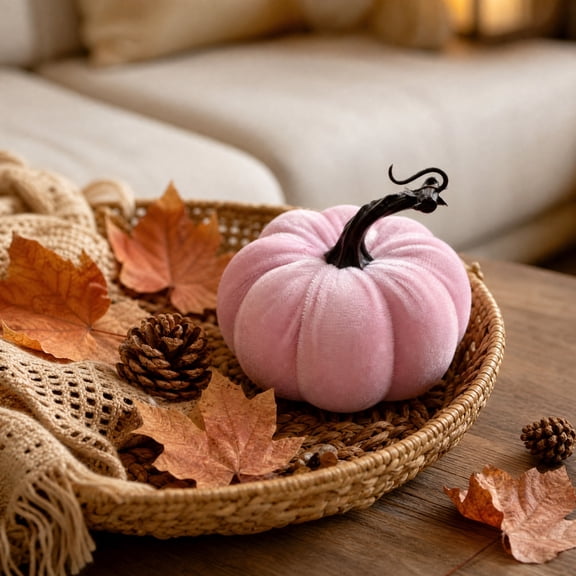Pink Velvet Pumpkin Decor 5 Inch, Small Faux Fabric Pumpkins for Halloween Fall Home Accents, Soft Reusable Ornament for DIY Crafts Table Centerpieces Kids Room Mantel Shelf Decor