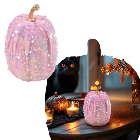 Pink Velvet Pumpkin Decor, Sequined Artificial Foam Pumpkin, 1 PC Fall, Thanksgiving & Halloween Table Centerpiece for Farmhouse Home Decor (Size Optional)