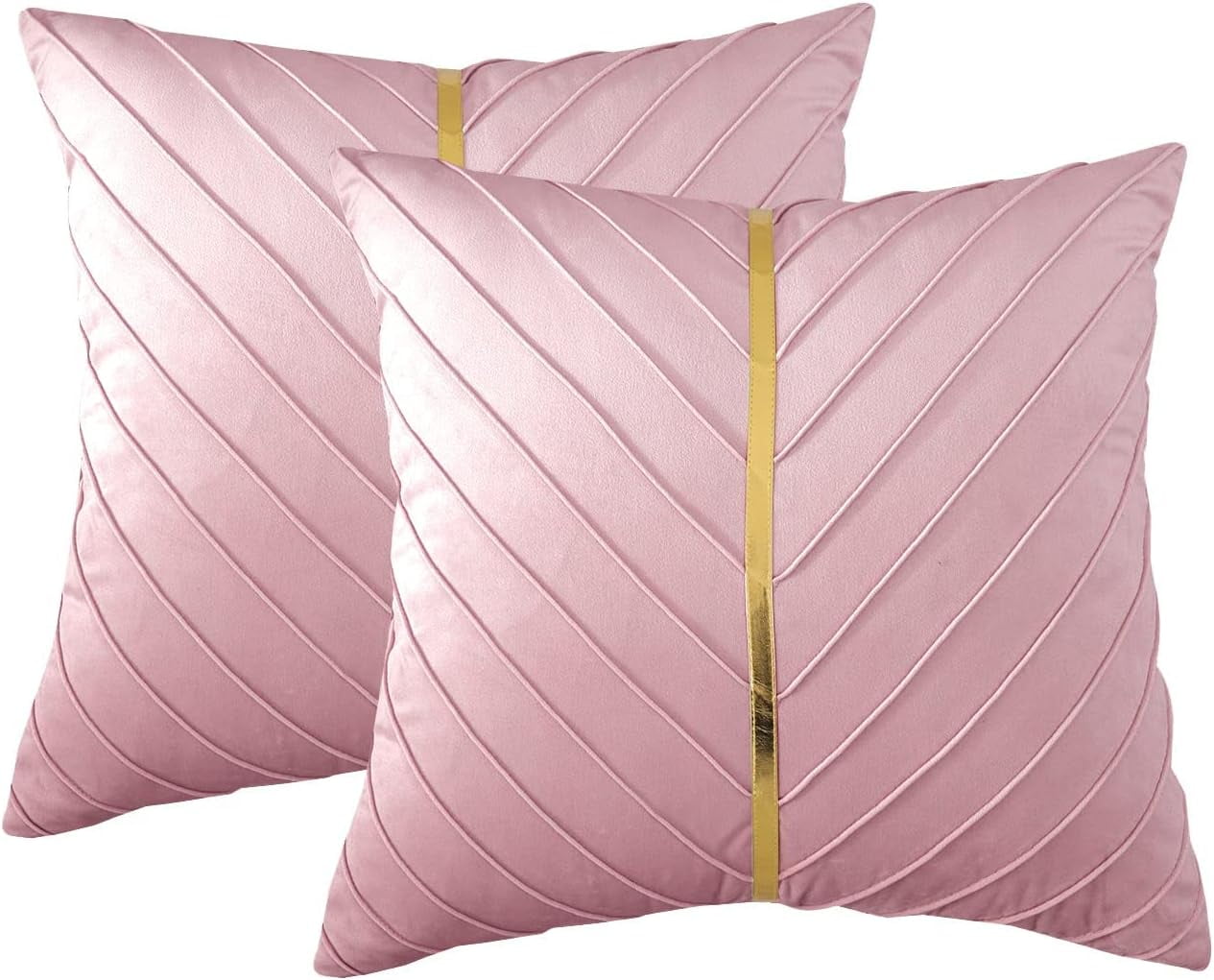 Pink Velvet Throw Pillow Covers 18"x18" Pack of 2 with Gold Leather