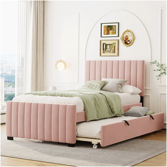 Pink Velvet Twin Platform Bed with Underbed Trundle, Space Saving