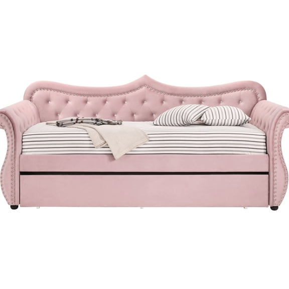Pink Velvet Upholstered Daybed With Trundle, Modern Bedroom Highlight, Upholstery, Stylish Rolled Arm Touch Twin Size Upholstery And Contemporary Desirable Option, Fabric, Classy Arms