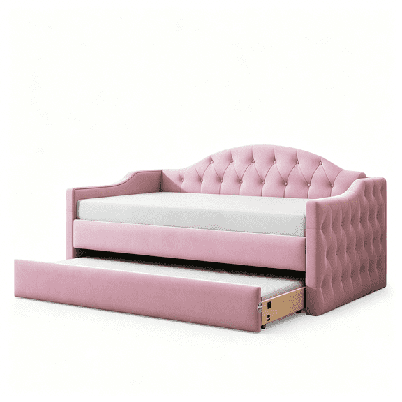 Pink Velvet Upholstered Daybed with Trundle and USB C Charging, Twin Size Tufted Sofa Bed for Living Room Guest Room