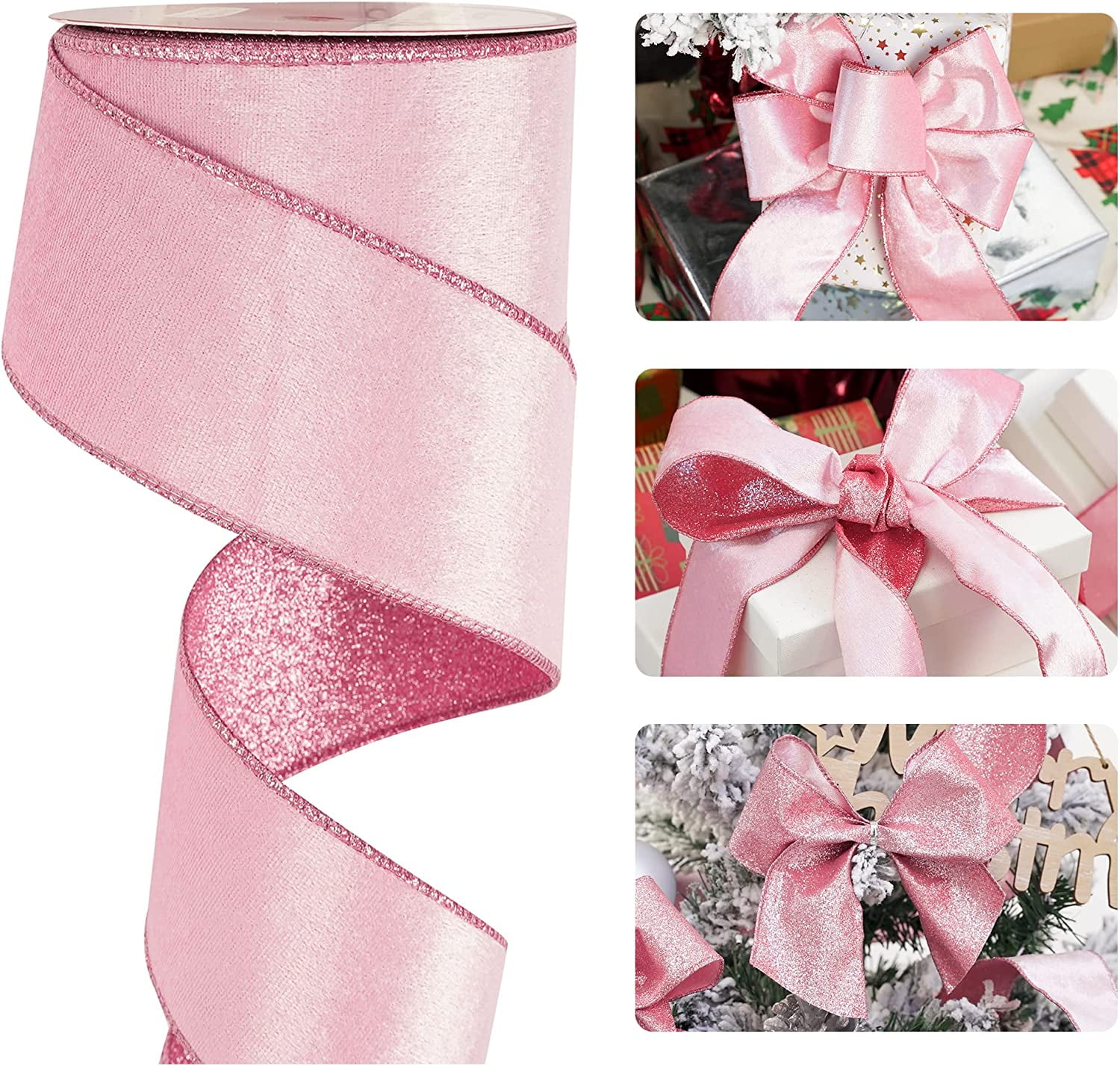 Pink Velvet Wired Ribbon Light Pink with Glitter Christmas Ribbon for Christmas Tree Decorations Wreaths Gift Wrapping Bows Garlands Home Decor Crafts- 10 Yards
