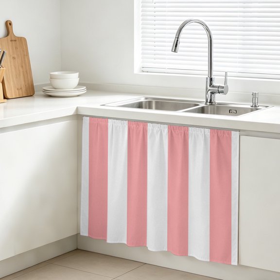 Pink Vertical Stripes Cabinet Curtain, Coral Red White Parallel Colored Lines Rustic Sink Skirt for Bathroom, Under Sink shelf Curtain Privacy Drape for Kitchen Laundry Room 10x11in