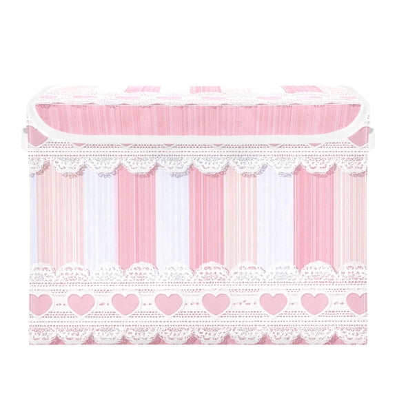 Pink Vertical Stripes with Hearts Valentine Foldable Storage Bins with Lids Handles Collapsible Storage Containers Tote Boxes 16.5 x 12.6 x 11.8 inches