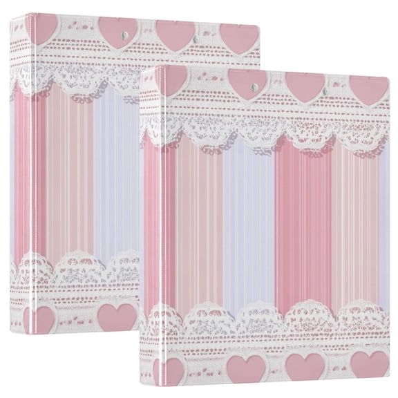 Pink Vertical Stripes with Hearts Valentine Round Ring Binder 3 Rings 1.5" Capacity File Storage for A4 Size 2 Pack