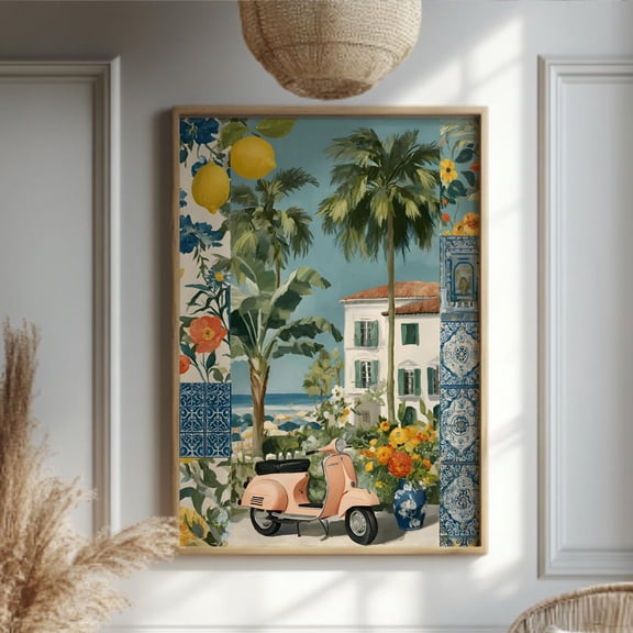 Pink Vespa Lemon Tile Collage Print, Unframed Paper Poster 8x10in