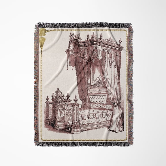 Pink Victorian Bed With Gold Tassel Trim, Woven Blanket
