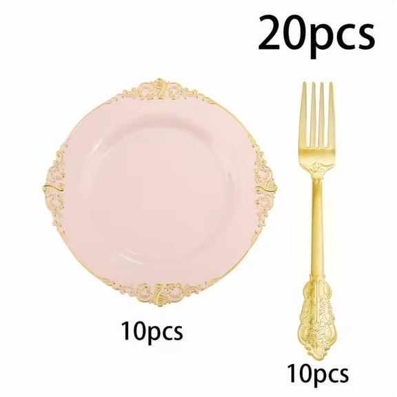 Pink Vintage 60-Piece Plate & Fork Set, Stamped Floral Edge, Reusable Dinnerware for Weddings, Parties, Tea & Christmas