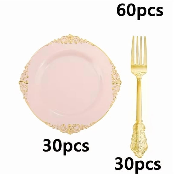 Pink Vintage 60-Piece Plate & Fork Set, Stamped Floral Edge, Reusable Dinnerware for Weddings, Parties, Tea & Christmas