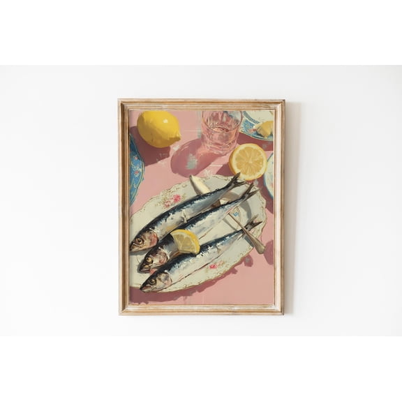 Pink Vintage Coastal Sardine Preppy Nautical Kitchen Decor, Stretched Canvas 8x10in
