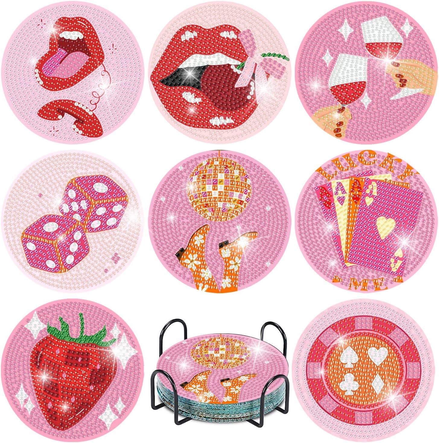 Pink Vintage Diamond Paintings Coasters Kits Set,8 Pieces Retro Funny Drinks Diamond Art Painting Coasters Kit with Holder,5D DIY Full Drill Diamonds Dot for Beginners Gift