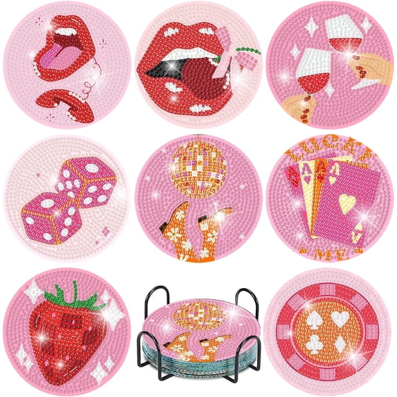 Pink Vintage Diamond Paintings Coasters Kits Set,8 Pieces Retro Funny Drinks Diamond Art Painting Coasters Kit with Holder,5D DIY Full Drill Diamonds Dot for Beginners Gift