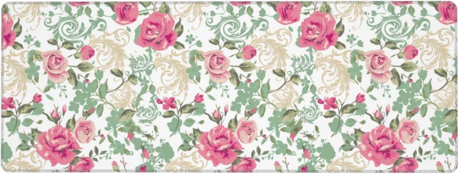 Pink Vintage Floral Large Mouse Pads Rectangle Long Extended Big Stitched Edge Gaming Mousepad with Non-Slip Rubber Base for Desktop Laptop Keyboard 31.5 X 11.8 Inch