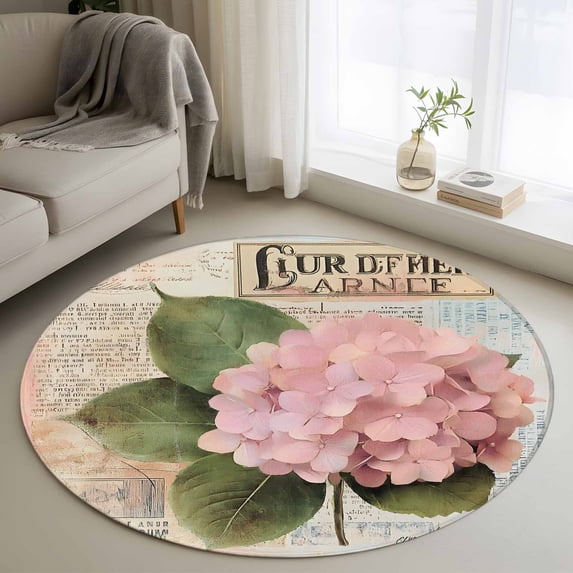 Pink Vintage Floral Round Area Rug 3.3 FT, Non Slip Small Entryway Kitchen Mat, Summer Botanical Retro Washable Soft Circular Rug Non-Shedding Door Mat for Bathroom Playroom Kids Room