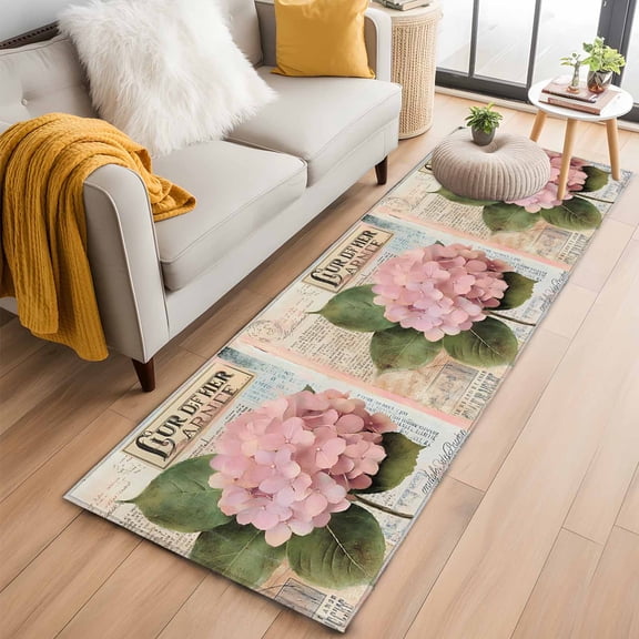 Pink Vintage Floral Runner Rug 2x6 FT, Non Slip Hallway Rugs, Summer Botanical Retro Washable Soft Floor Carpet Non-Shedding Throw Runner Carpet Long Rug for Entryway Kitchen Bedside Sliding Door