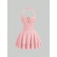 thumbnail image 1 of Pink Vintage Halter Mini Dress With Ornamental Buckle And Tiered Skirt, 1 of 8