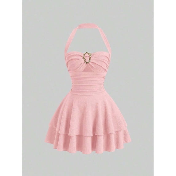 Pink Vintage Halter Mini Dress With Ornamental Buckle And Tiered Skirt
