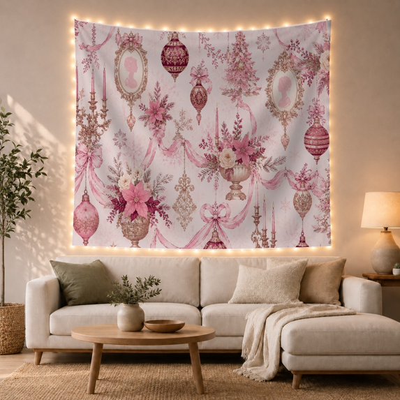 Pink Vintage Ornament Collage on White Background, Romantic Vintage Style for Shabby Chic Lovers, Holiday Wall Decor, Christmas Gift, Tapestry Wall Hanging for Bedroom and Dorm