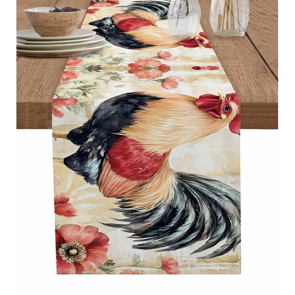 Pink Vintage Rooster Burlap Cotton Table Runner 13x36 Inches Short, Farmhouse Spring Floral Farmhouse Table Runners, Outdoor Dining Tablecloths Decor for Baby Shower/Party/Wedding