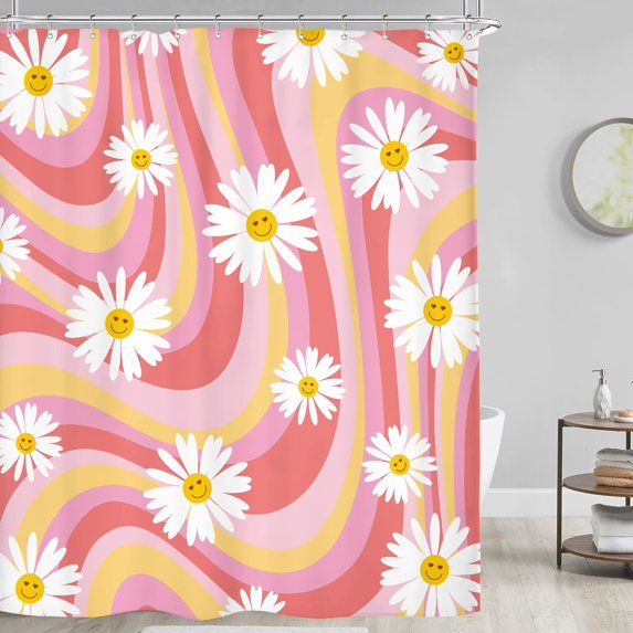 Pink Vintage Smiling Floral Shower Curtain Abstract Retro Happy Face Flower Yellow Daisy 72Wx72H Inch Boho Modern Aesthetic Fabric Decor Bathroom Polyester Waterproof 12 Pack Hooks
