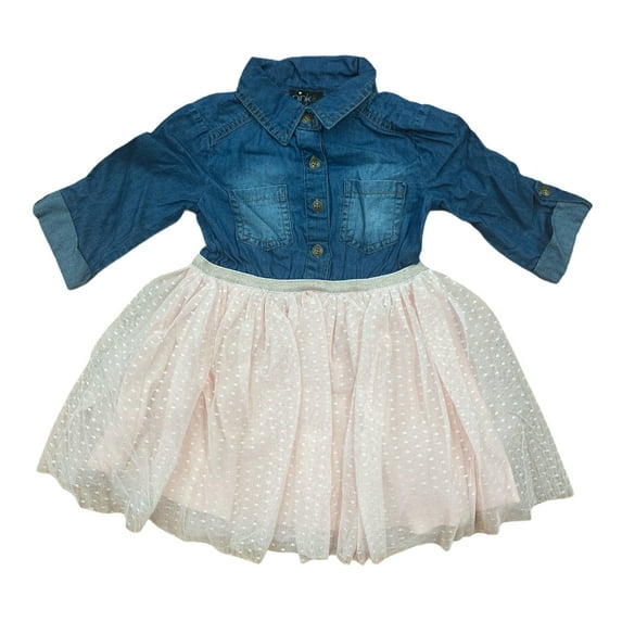 Pink & Violet Girls' Denim Bodice 3/4 Sleeve Tulle Tutu Dress (Denim/Blush, 2T)