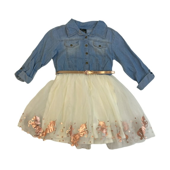 Pink & Violet Girls' Denim Bodice 3/4 Sleeve Tulle Tutu Dress (Denim/Ivory Unicorn, 6)