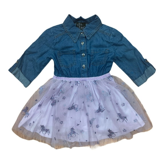 Pink & Violet Girls' Denim Bodice 3/4 Sleeve Tulle Tutu Dress (Denim/Lavender, 4)