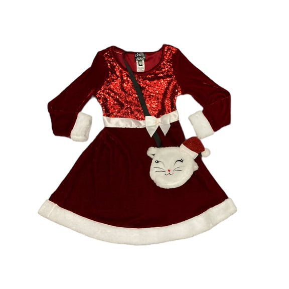 Pink & Violet Girls' Sequin Bodice Velvet Santa Holiday Dress w/ Purse (Cat, 2T)