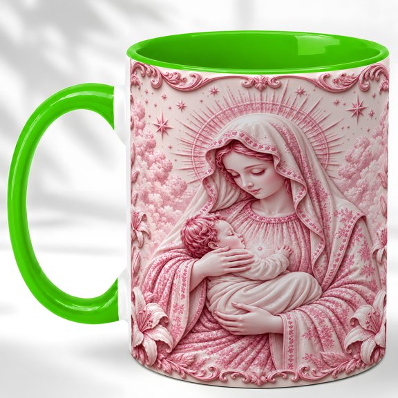 Pink Virgin Mary with Child Coffee Mug, Catholic Art Mug, Ceramic 11 oz